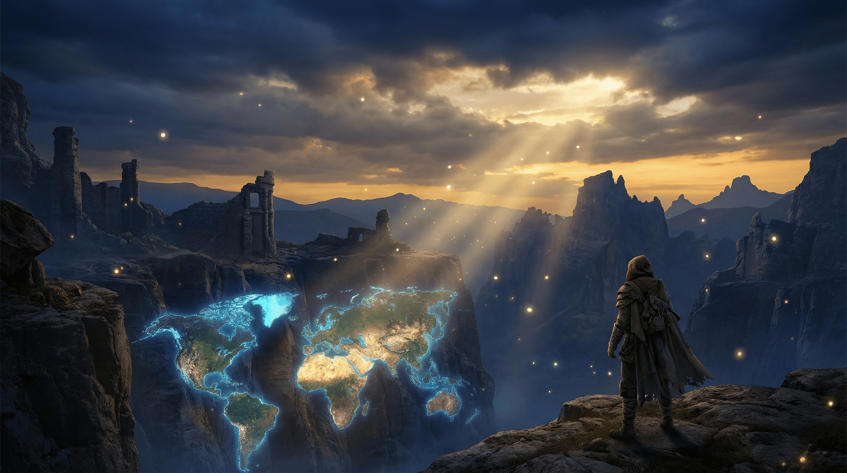 背景: 朝焼けの空の下、少し高い丘の上から広大な世界を見渡している一人の男性の後ろ姿のイラスト